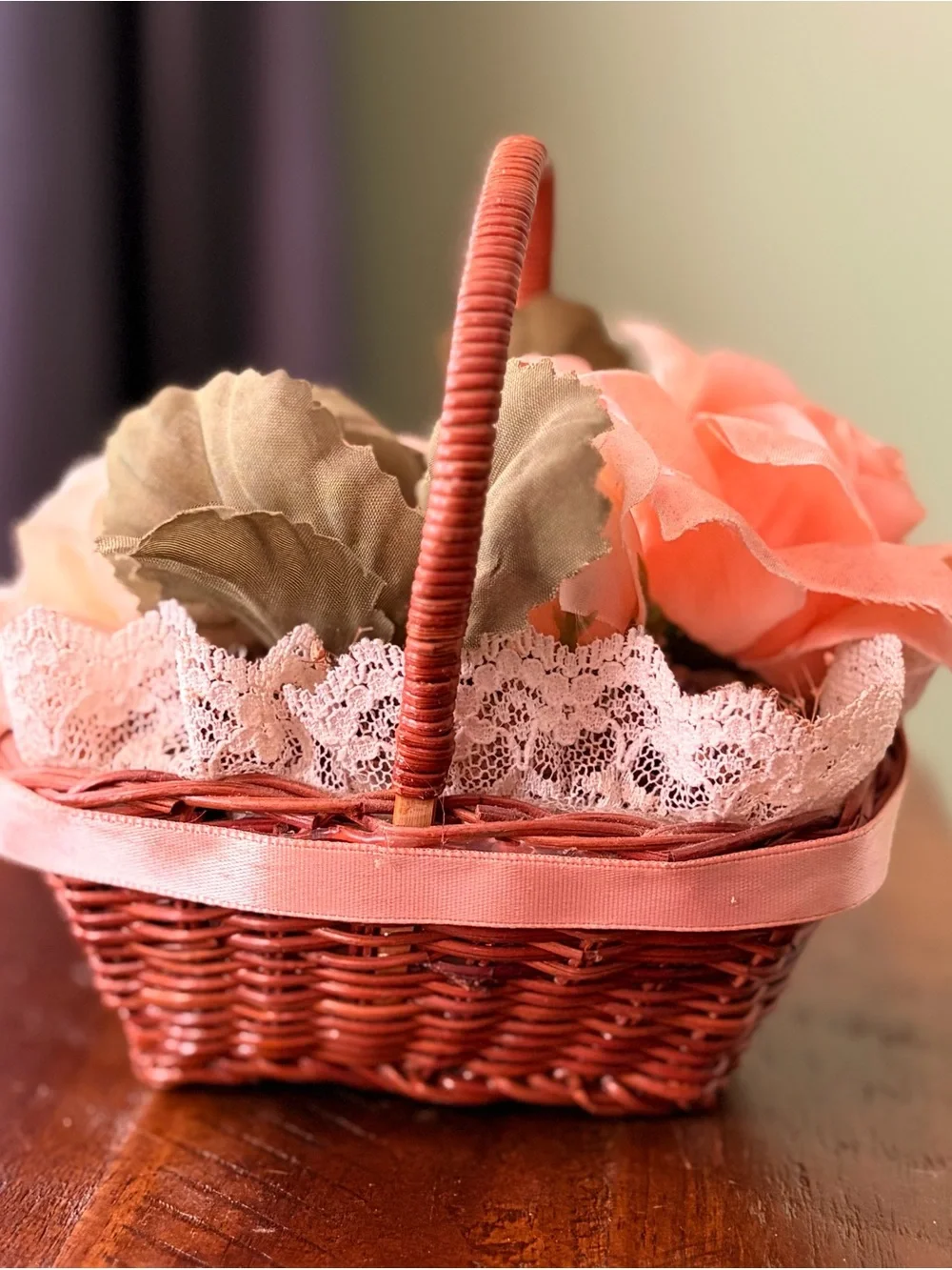Vintage Handmade Peach Ribbon Wicker Basket with Floral Accent